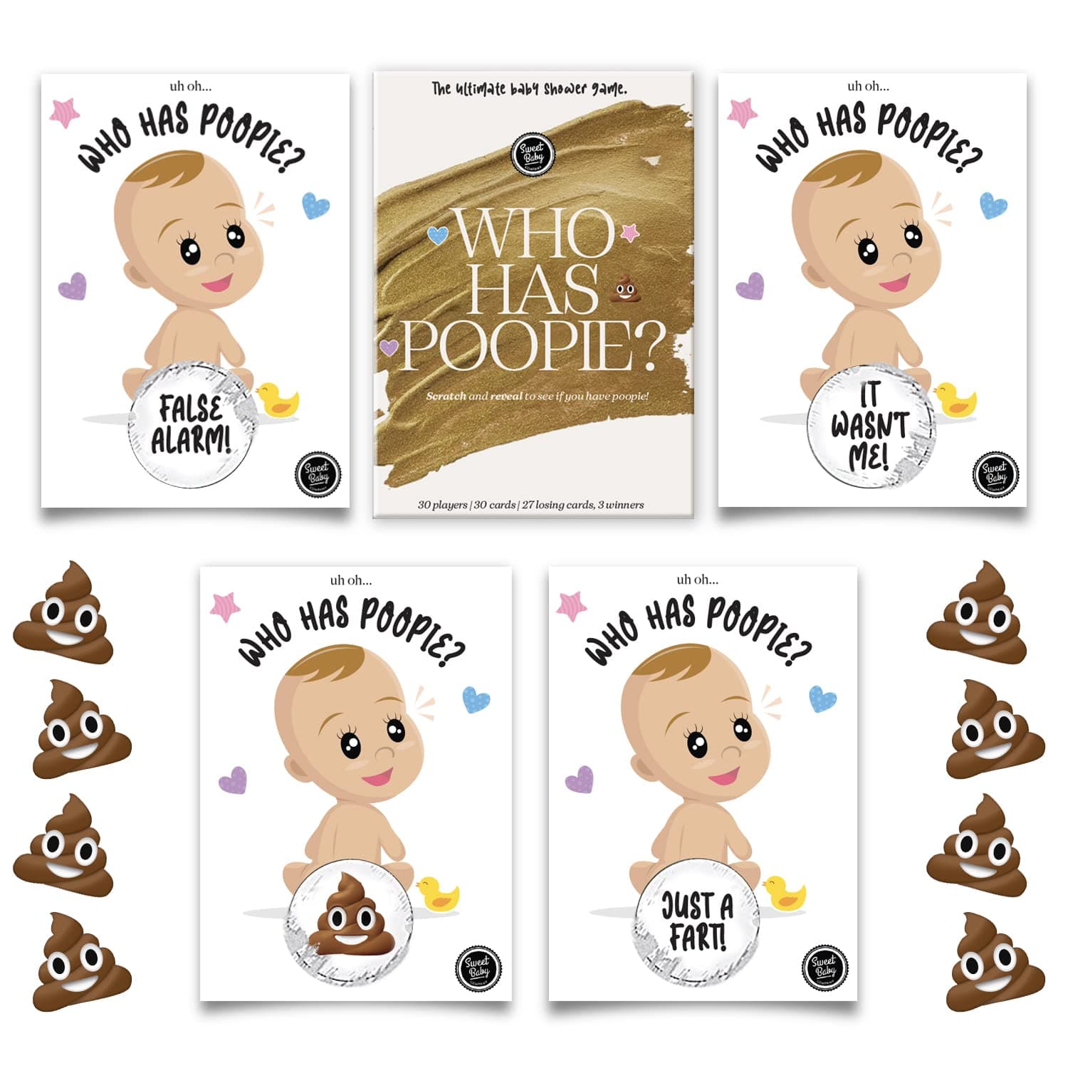 Sweet Baby Co. Hilarious Baby Shower Games Funny Scratch Off Poopie Game 30 Pack Boy Girl Gender Neutral Play Card Activity for Fun Party Prizes Gifts Winners Raffle Gender Reveal Guests Activities