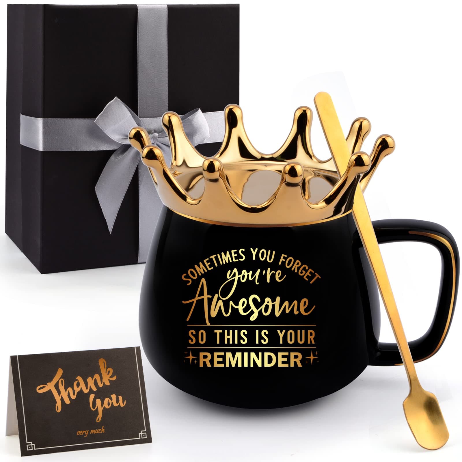 Thank You Gifts for Women-Sometimes You Forget Your Awesome-Funny Valentines Day Crown Coffee Mugs with Card for Easter, Thank You Employee Appreciation Gifts for Boss Coworker Teacher(Black)