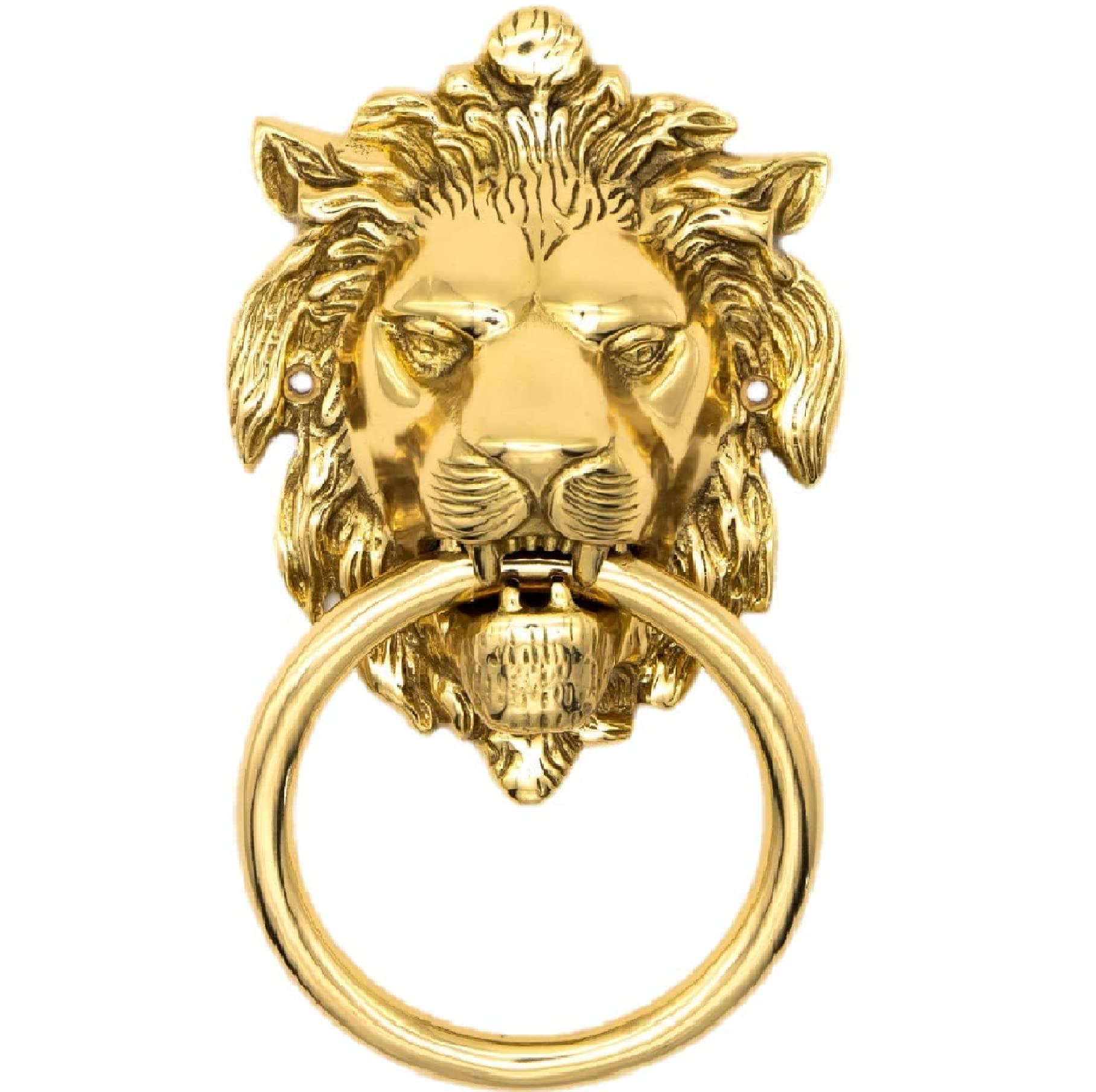 UNIQUELLA Door Knocker of Lion Face in Metal_Towel Holder Tier - Metal Door Fitting - Handle_Home Decorative Lion Head Door Knocker Hardware,Glossy Gold Look Pack of 1 Piece with Screws.