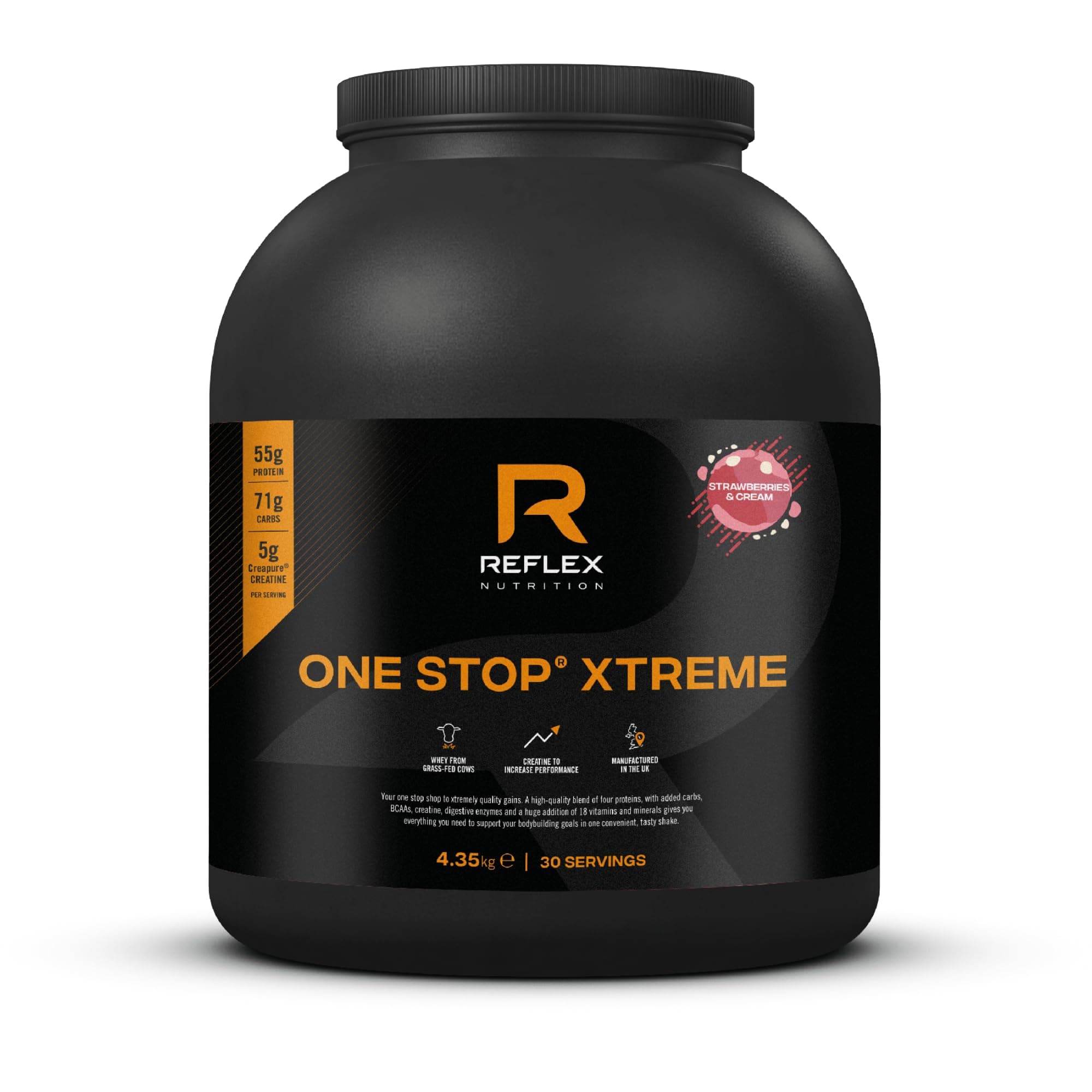 One Stop Xtreme Serious Mass Protein Powder 55g Protein 10.3g BCAA'S, 73g Low GI Carbs 5,000mg Creatine & Added Vitamins (Strawberries & Cream, 4.35kg)