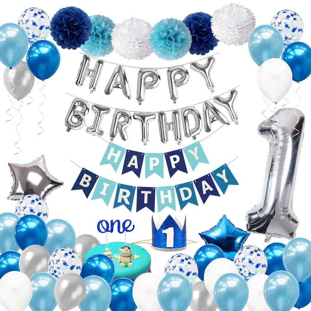 1st Birthday Decorations for Boys with Birthday Crown - First Birthday Boy Decorations - Birthday Party Supplies for 1 Year Old Kids with HAPPY BIRTHDAY Banner, Number One Balloon, Cake Topper