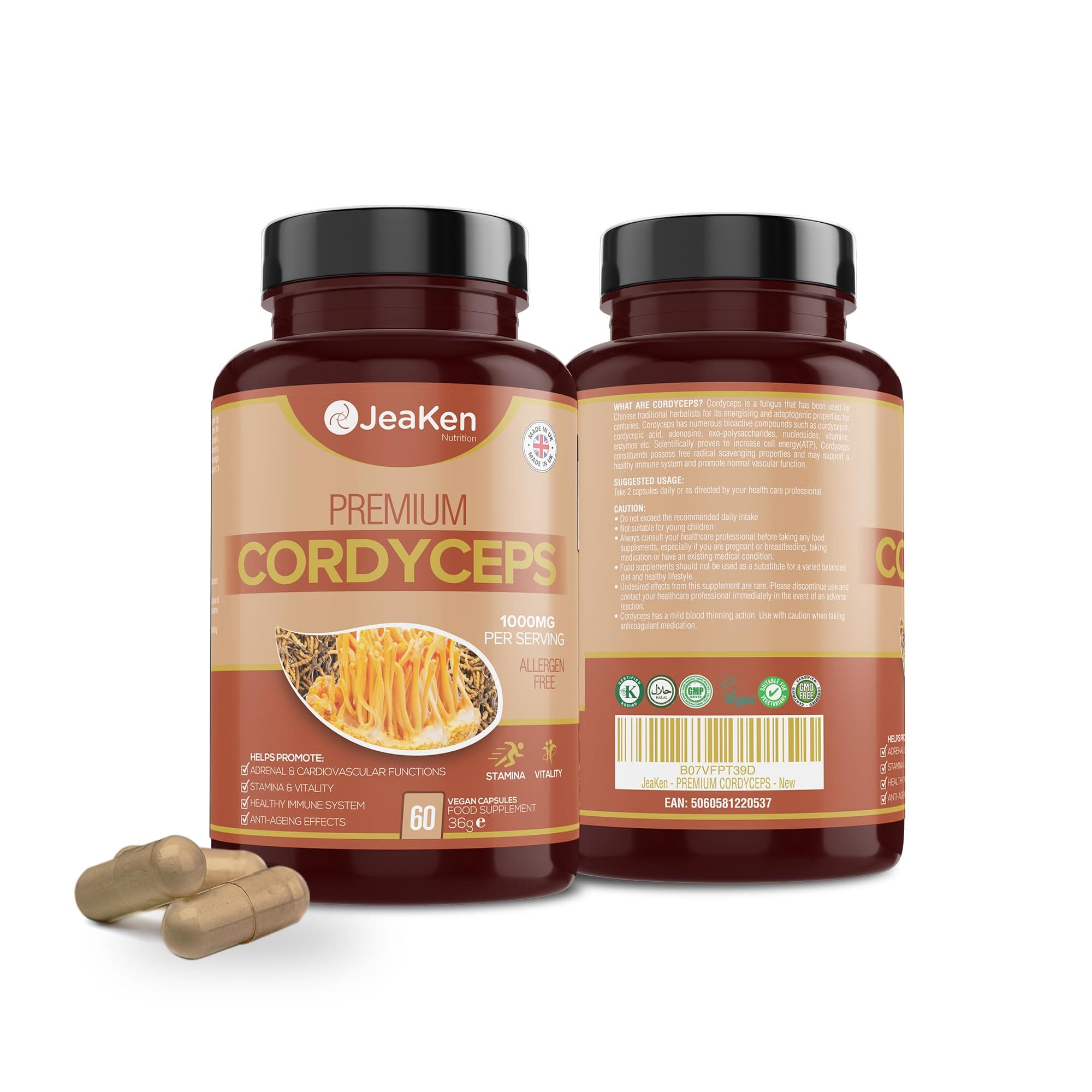 CORDYCEPS Mushroom Capsules - Adaptogen Mushroom from Pure Cordyceps Powder - Anxiety and Stress Relief Supplement - Improves Stamina and Vitality - 60 Allergen Free Vegan Capsules - Non-GMO