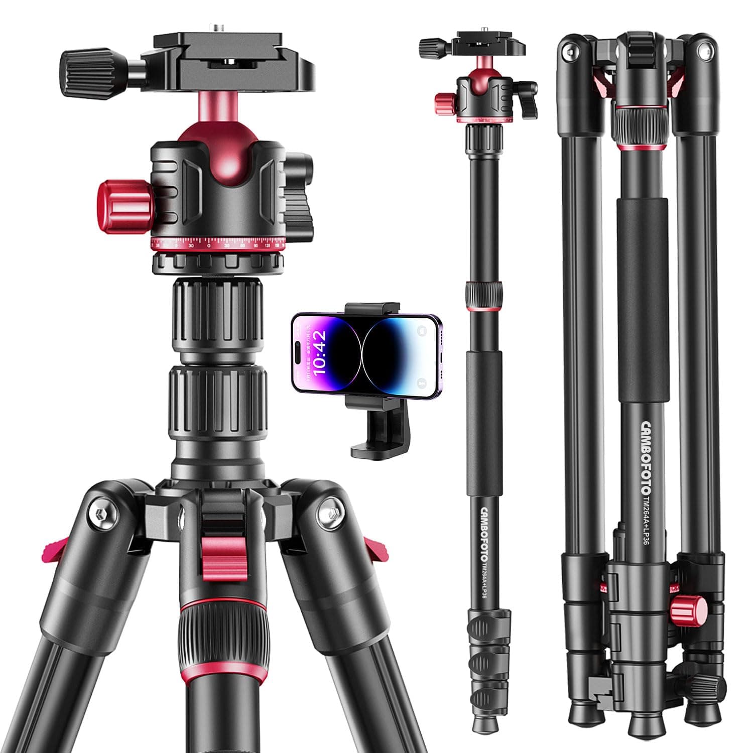 CAMBOFOTO 74-inch-Professional-Camera-Photography-Tripod, Ball Head Aluminum DSLR/SLR Tripod & Monopod with Carry Bag Compatible with Canon Nikon Binoculars Laser Telescope (Weight 3 Lbs, 13Lbs Load)