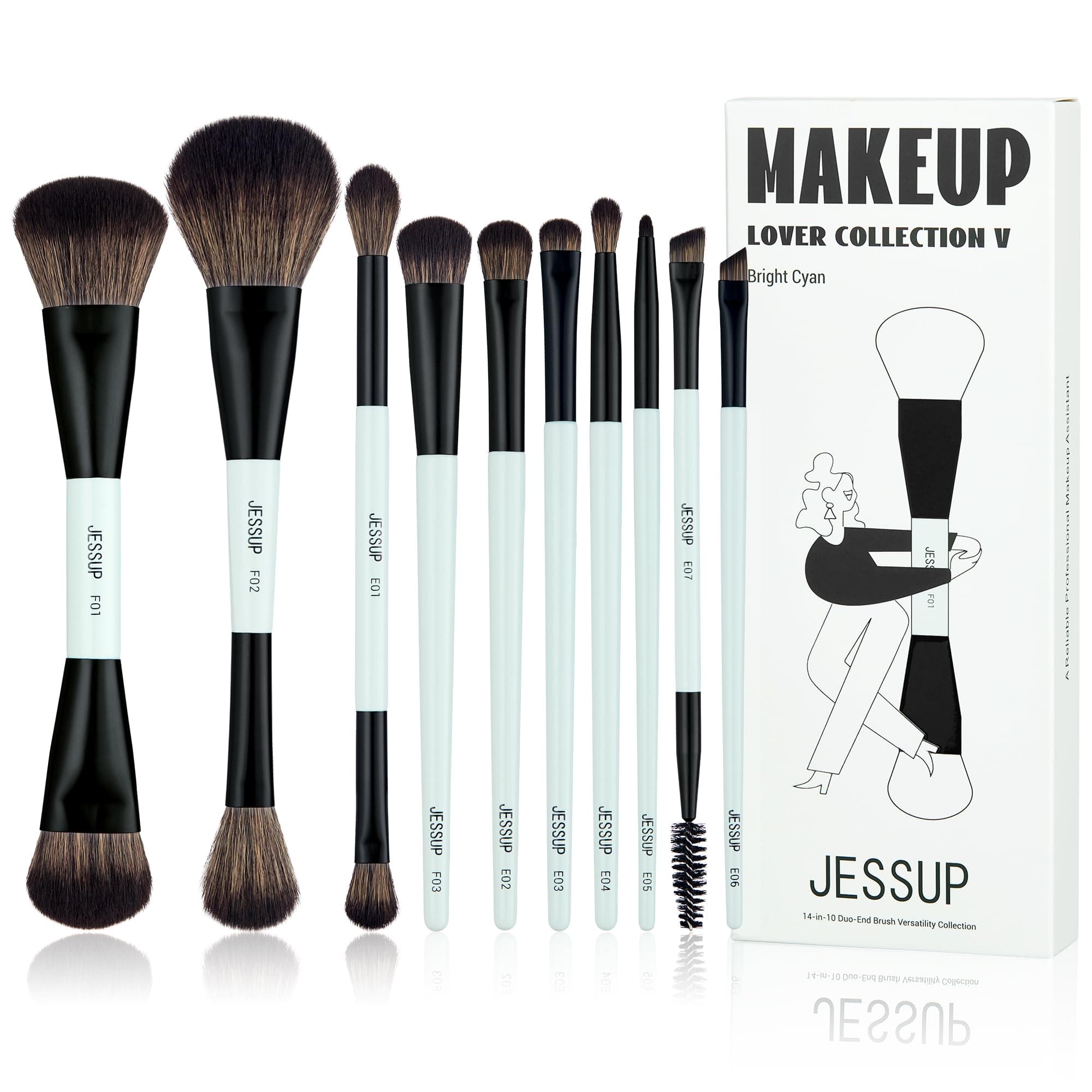 Jessup Makeup Brushes Sets 10pcs Double Ended Make up Brushes for Foundation Contour Blush Highlight Blending Eyebrow Brush Eyeshadow Eyeliner Concealer Brush Cruelty Free, Bright Cyan T500