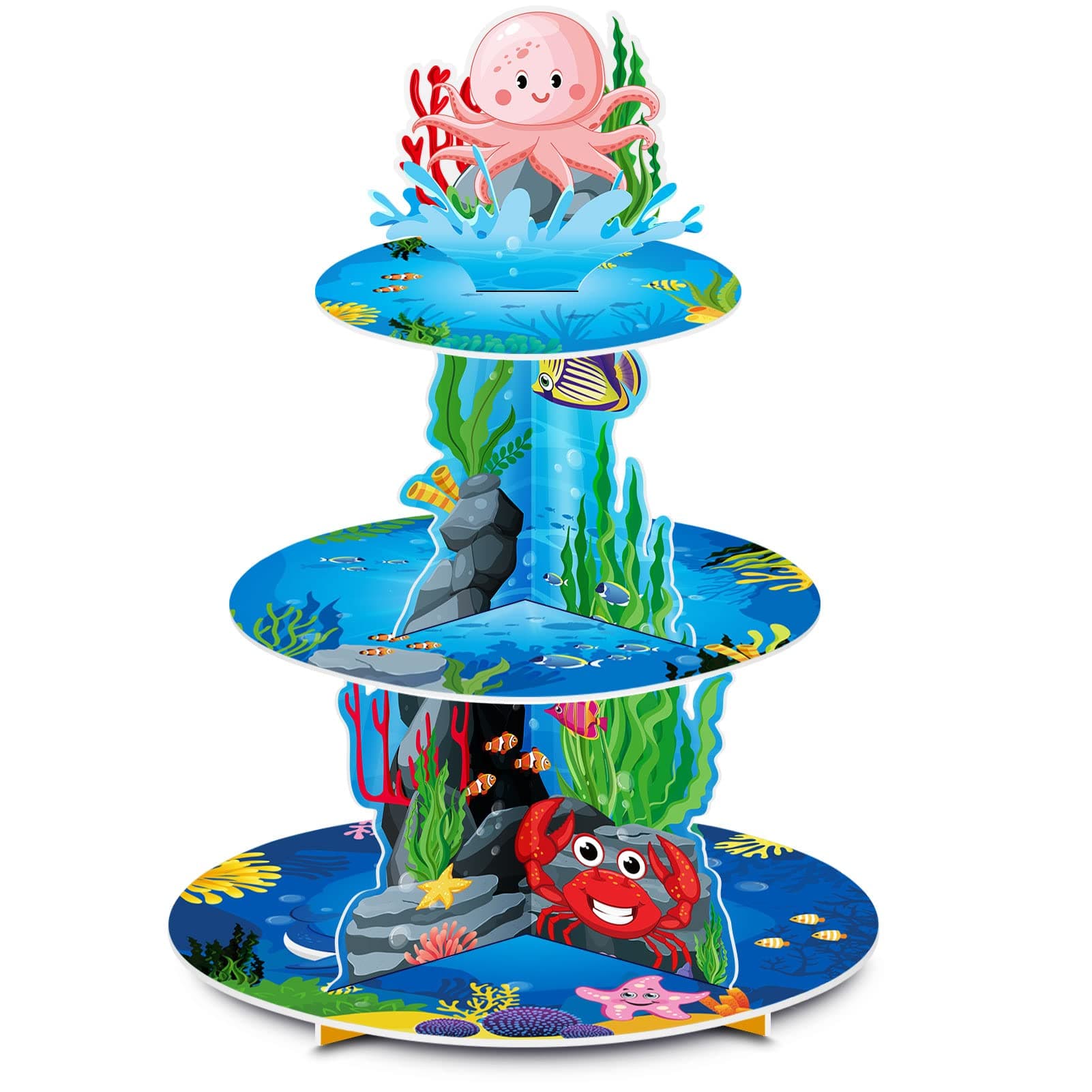 Ben Louis Under The Sea Cupcake Stand 3 Tier Ocean Party Cupcake Holder Under The Sea First Birthday Decorations for Boy Sea Creature Baby Shower Party Shark Party Mermaid Party Supplies