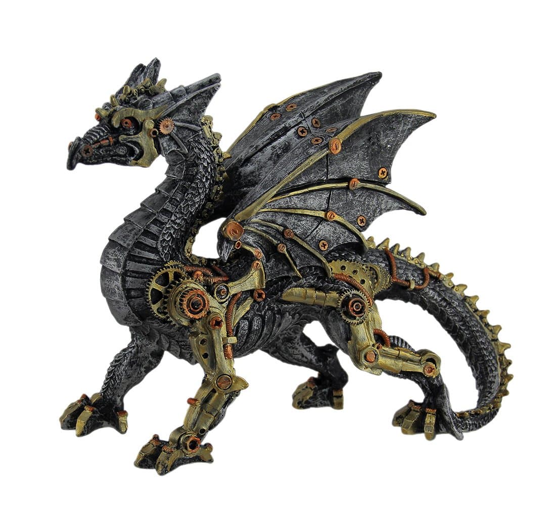 Steampunk Silver Mechanical Dragon Standing Figurine Statue 12" L