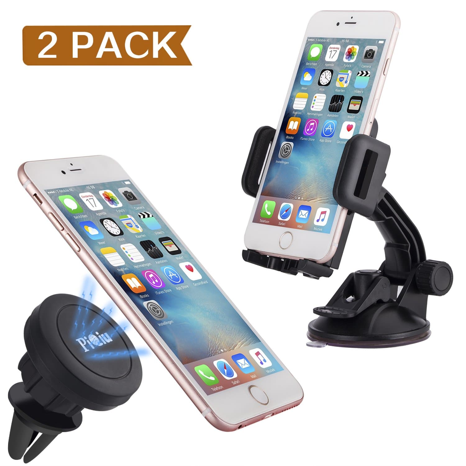 Piqiu Universal Magnetic Car Mount Cradle Holder for Smartphones - 2 Pack - Black