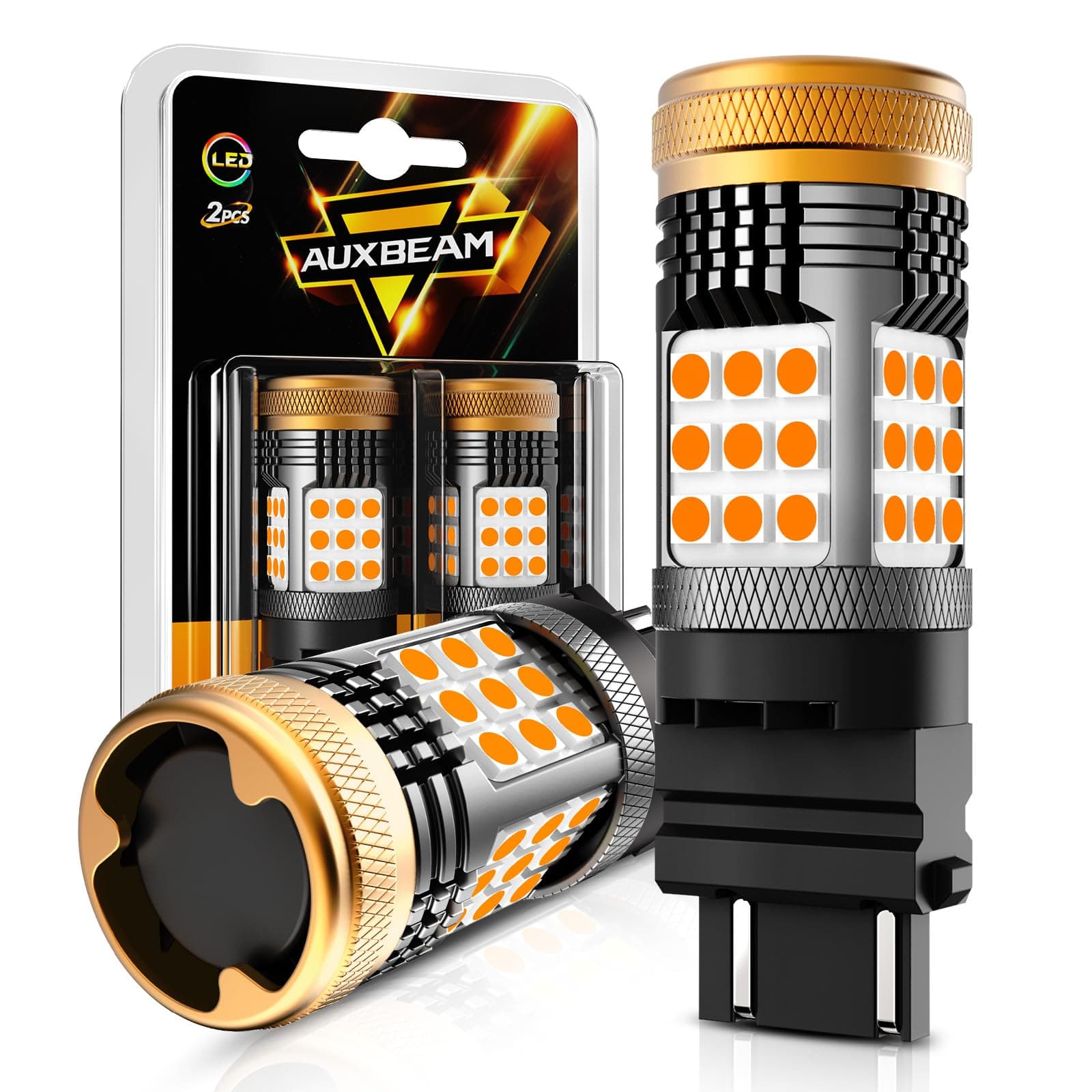 Auxbeam B21 Series 3157 LED Bulbs Amber Yellow Built in Resistor CANBUS Error Free Anti Hyper Flash 3457 4157 Bulb 600% Super Bright Turn Signal Light, Need Resistors for Some Trucks