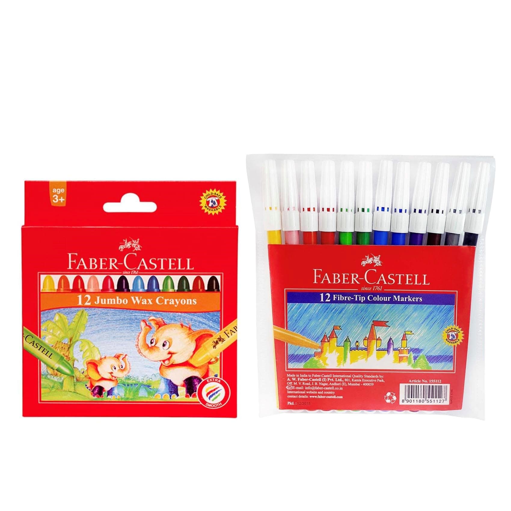 Faber-Castell Washable Fiber tip color pen 12colour + Washable Jumbo wax crayons 12colours (coloring Combo Pack)