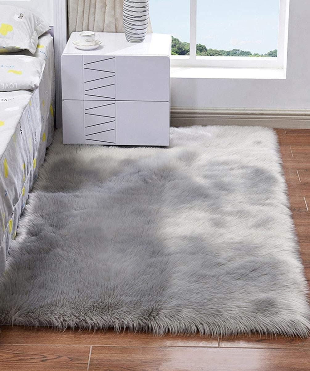 Soft Sheepskin Rug, Fluffy Area Rugs,Faux Fur Rugs Living Room,Small Grey Rug,Washable Rugs for Bedroom,Thick Fluffy Rug,Non Slip Bedroom Mat((Grey,60x90cm)
