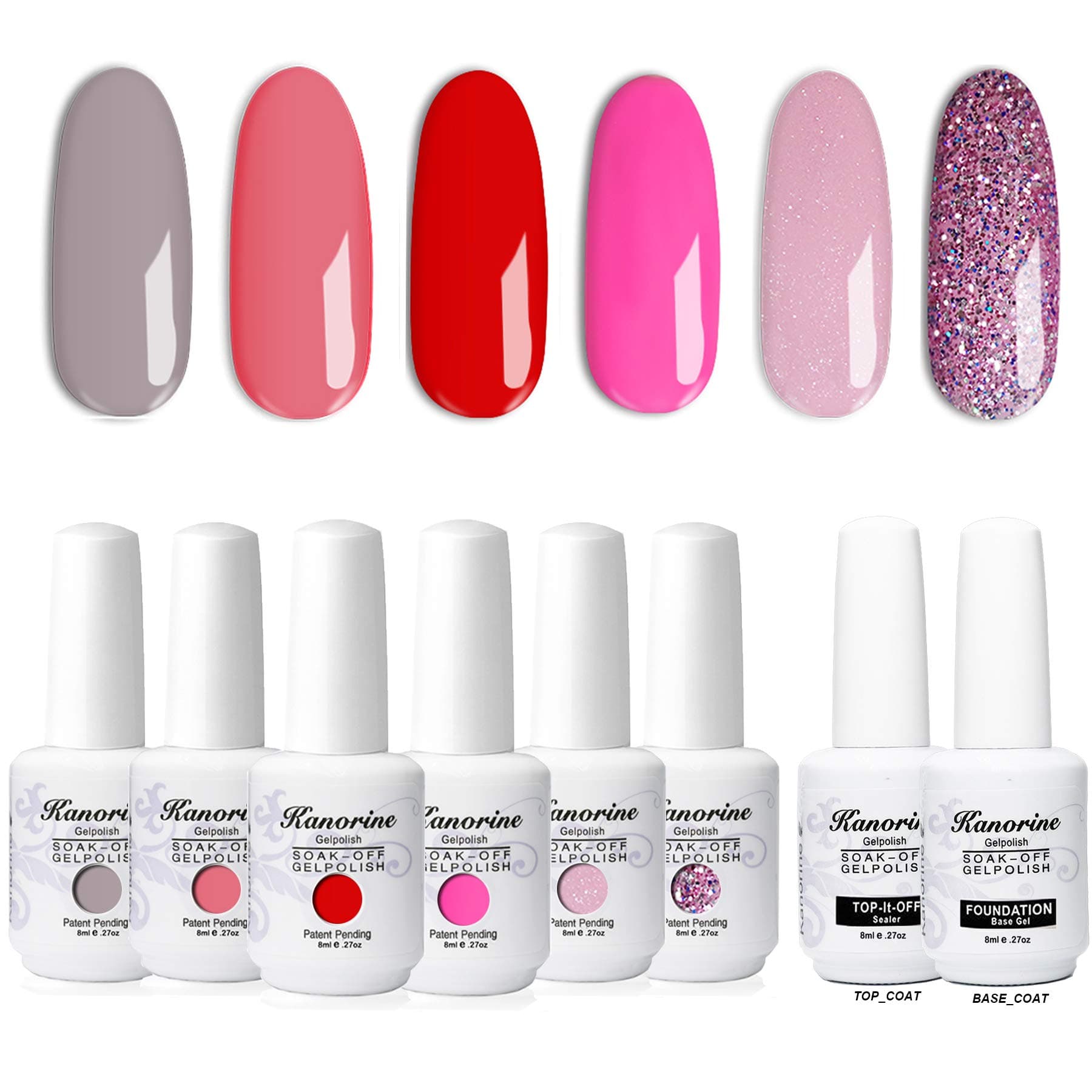 KANORINE 8pcs Nail Gel polish Set (6 colours + base & top coat) Soak off UV/LED Gel Nail Polish Long Lasting Gel Varnish Manicure Gift Set 8ml x8pcs