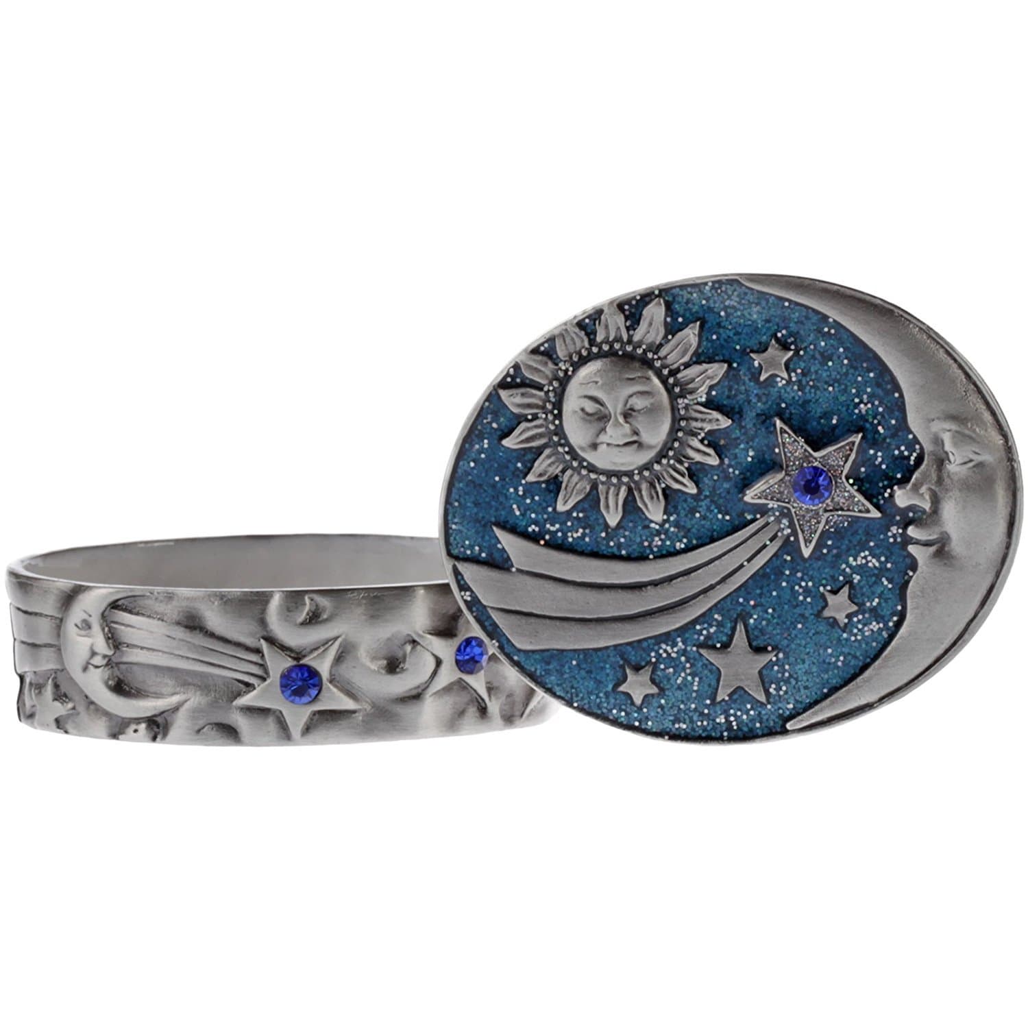 Jewelry Box Pewter Round Blue Sun Moon & Stars Design