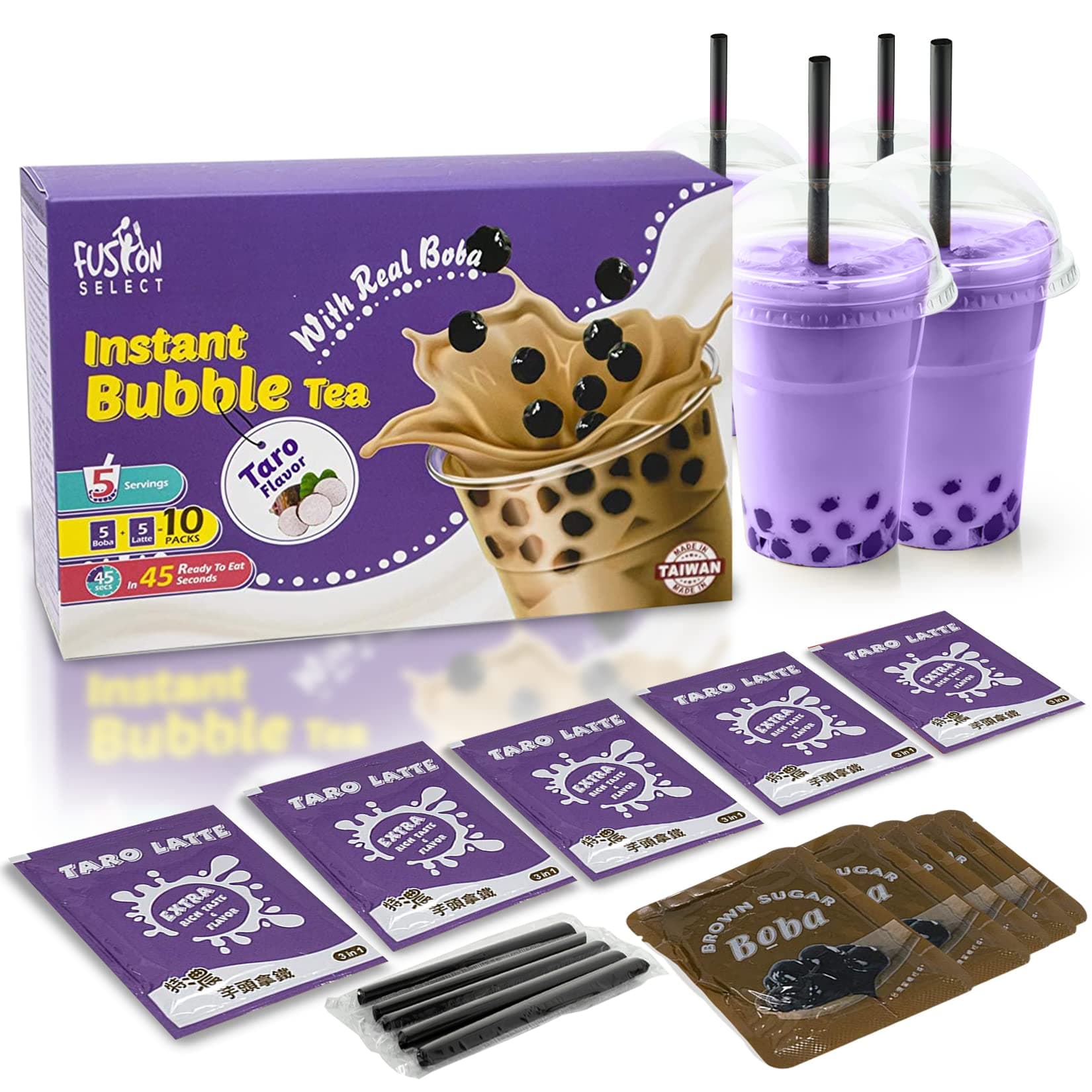 Fusion Select Authentic Bubble Tea Kit Extra Rich (5 Packs) Bubble Tea Drink, Boba Tapioca Pearl, Straws, Popular Bubble Tea Flavors (Taro Latte Kit)