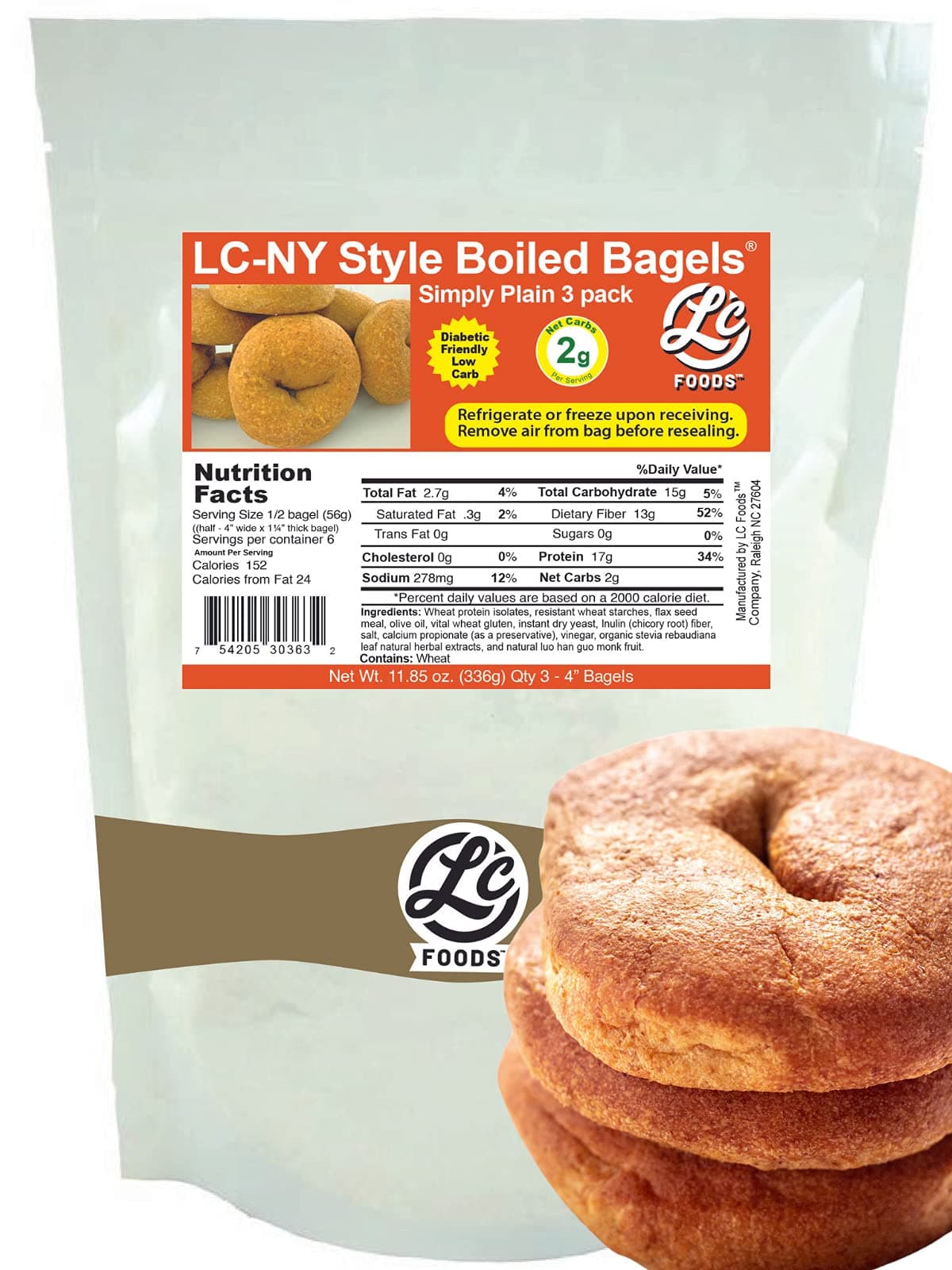 Low Carb Foods Plain Bagels (3 Pack)| Fresh Baked NY Style | 100% All-Natural Ingredients | No Sugar, Diabetic Friendly | Maltitol & Artificial Sweetener Free | 11.85 Oz 3 Pack