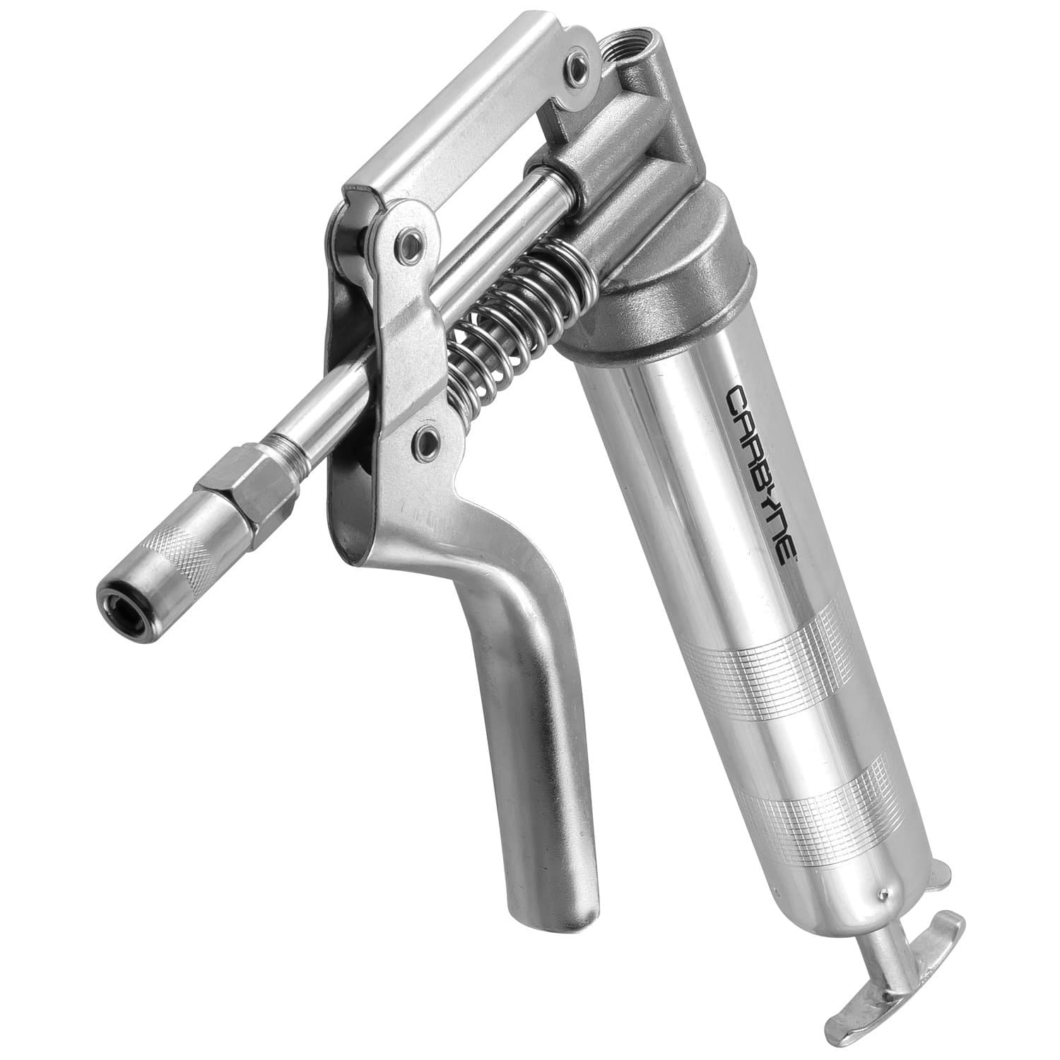 Pistol Grip Mini Grease Gun, 3000 PSI, Heavy Duty Professional Quality, Knurled Steel Barrel. 12 inch Heavy Duty Reinforced Flex Hose, 4 inch Rigid Tube & Coupler. 2-Way Loading