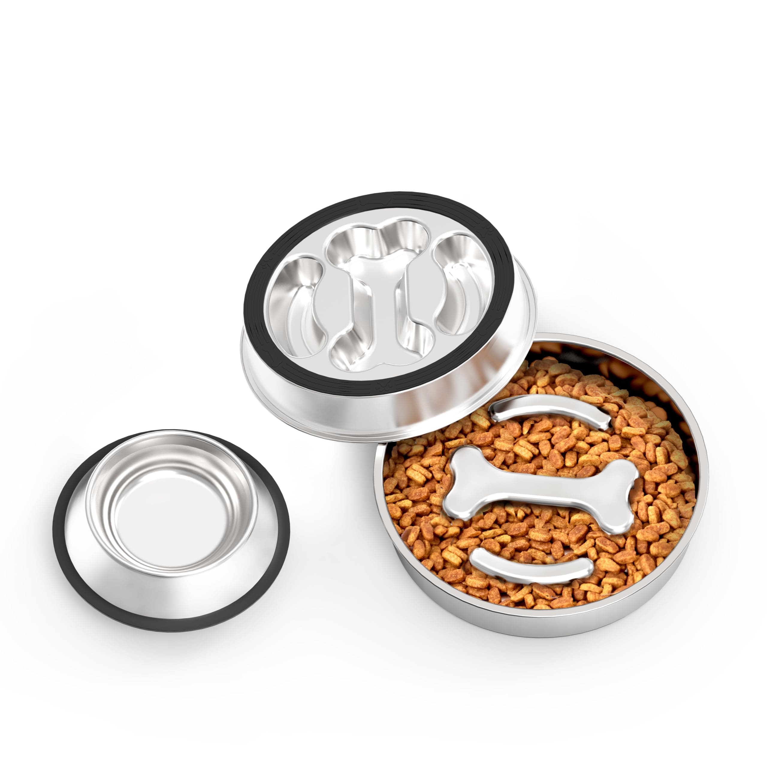 Slow Feeder Dog Bowls Kit Stainless Steel Non-Slip Dog Food Bowl for Small Medium Large Breeds 2~4 Cups Dog Slow Feeder Bowl for Fast Eaters Slows Down Eating Dog Food Bowl&Dog Water Bowls 2Packs
