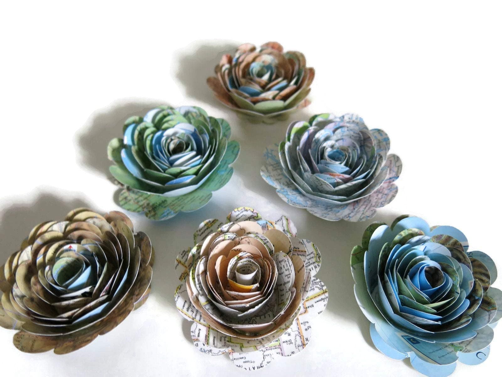 Map Paper Flowers, Travel Theme Bridal Shower Decorations, Set of 6 World Atlas Roses, 3 Inch Dimensional Steampunk Wedding Centerpiece