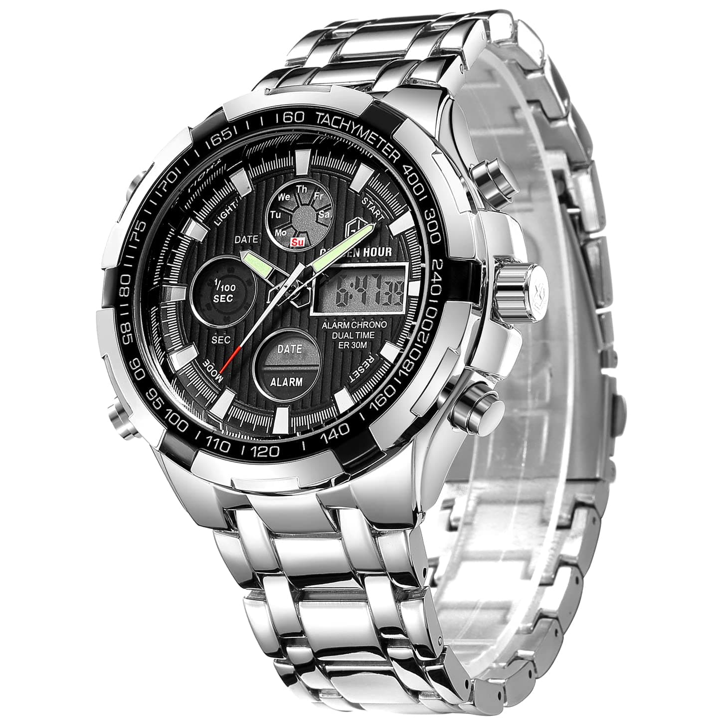 Luxury Stainless Steel Analog Digital Watches for Men Male Outdoor Sport Waterproof Big Heavy Wristwatch