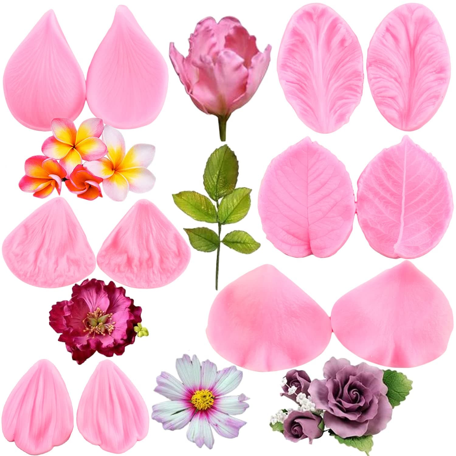 ZiXiang Gumpaste Flower Silicone Veining Mold Set - Rose, Peony, Plumeria, Daisy, Orchid Molds for Sugar Craft, Cake Decorating, Candy, Polymer Clay