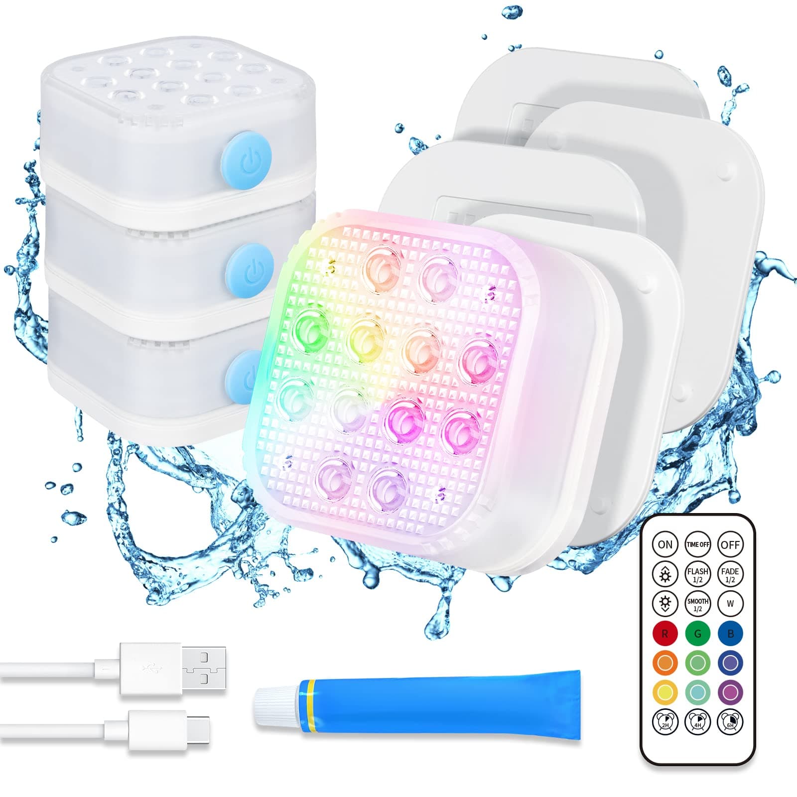 Homly Rechargeable Submersible Pool Lights with Remote, Waterproof Underwater Charging Battery Operated Controlled 16 Color Changing LED with Magnet Floating Lights Pool Pond Decoration 4 Pack