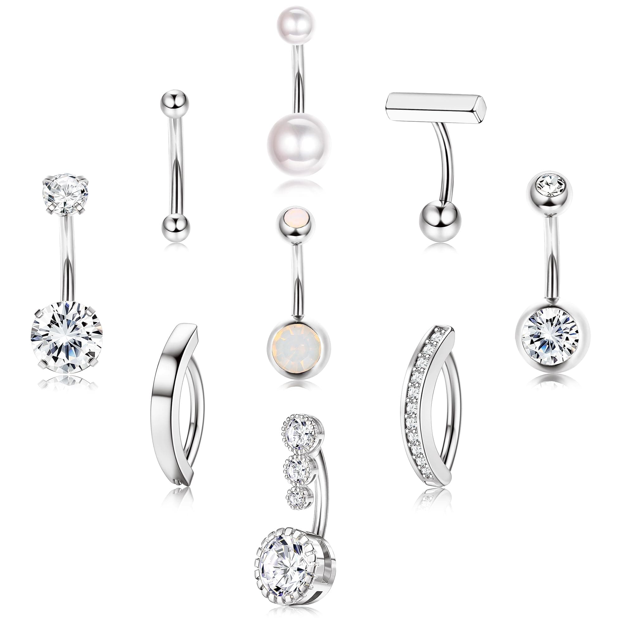FIASASO 9 Pcs Gold Belly Button Ring - Surgical Stainless Steel CZ Opal Pearl Clicker Piercings for Women Navel Pack Silver/Gold