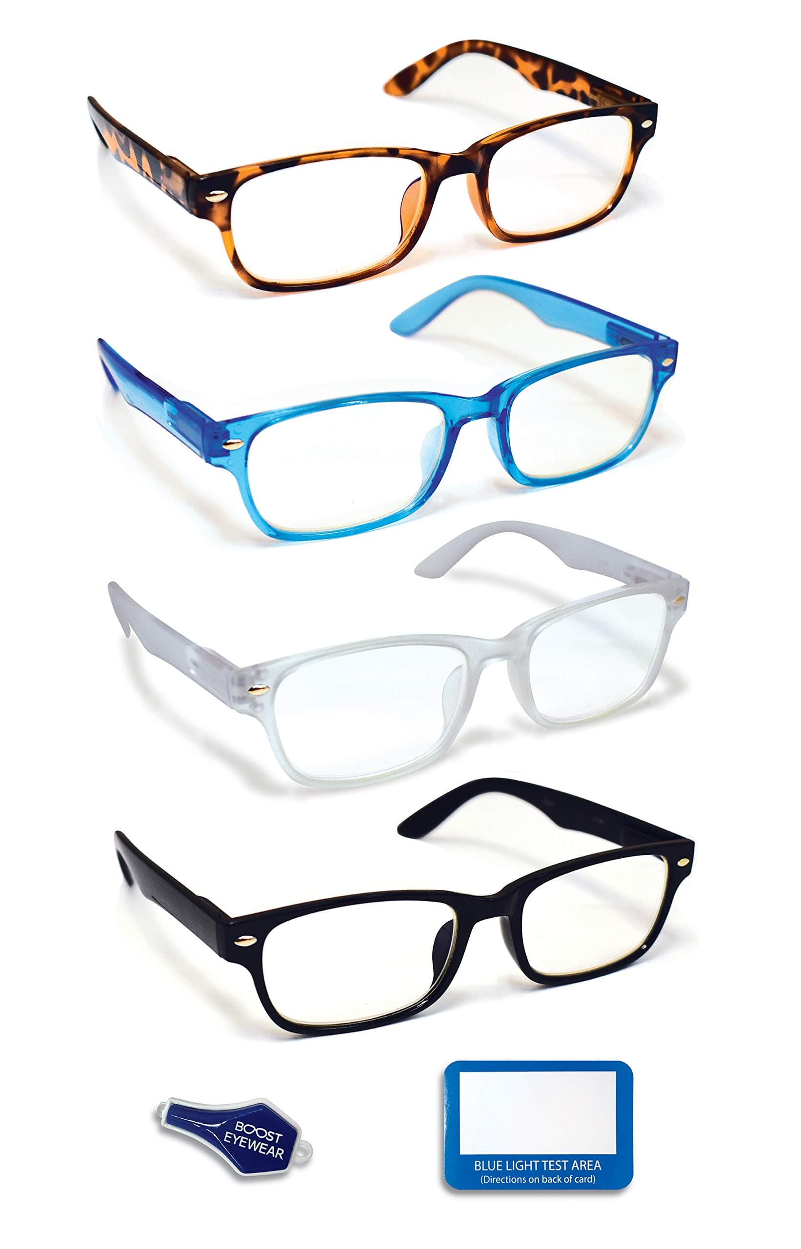 Boost Eyewear Blue Light Blocking Reading Glasses, 4 Pack, Assorted Colors