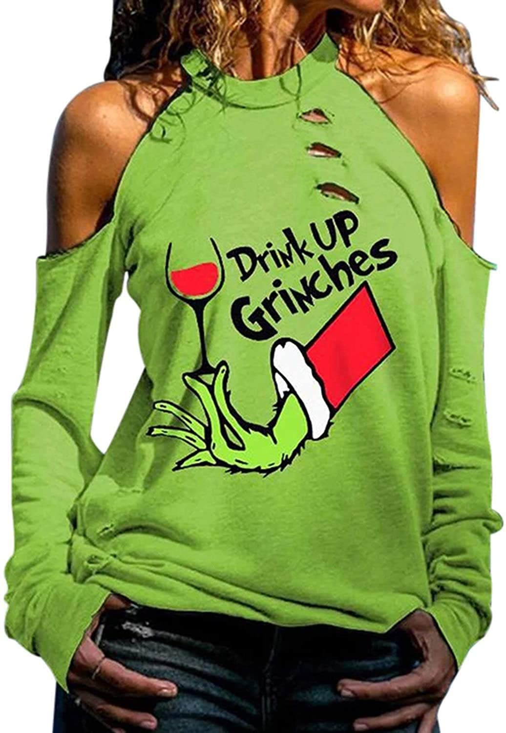 SenbereWomen Sweatshirt Top Printed with Letters Drink Up Grinches Cutout Cold Shoulder Womens Christmas Oversized Crewneck Long Sleeve One-shouldered Sweatshirt