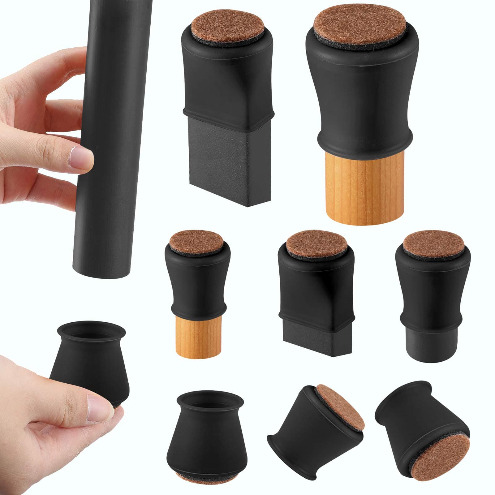 Black Silicone Chair Leg Floor Protectors with Felt, Chair Leg Caps, Silicon Furniture Leg Feet Protection Cover Protect Hardwood Floor Anti Scratch 16 Pcs (Large Fit: 1.5" - 2.0", Black)