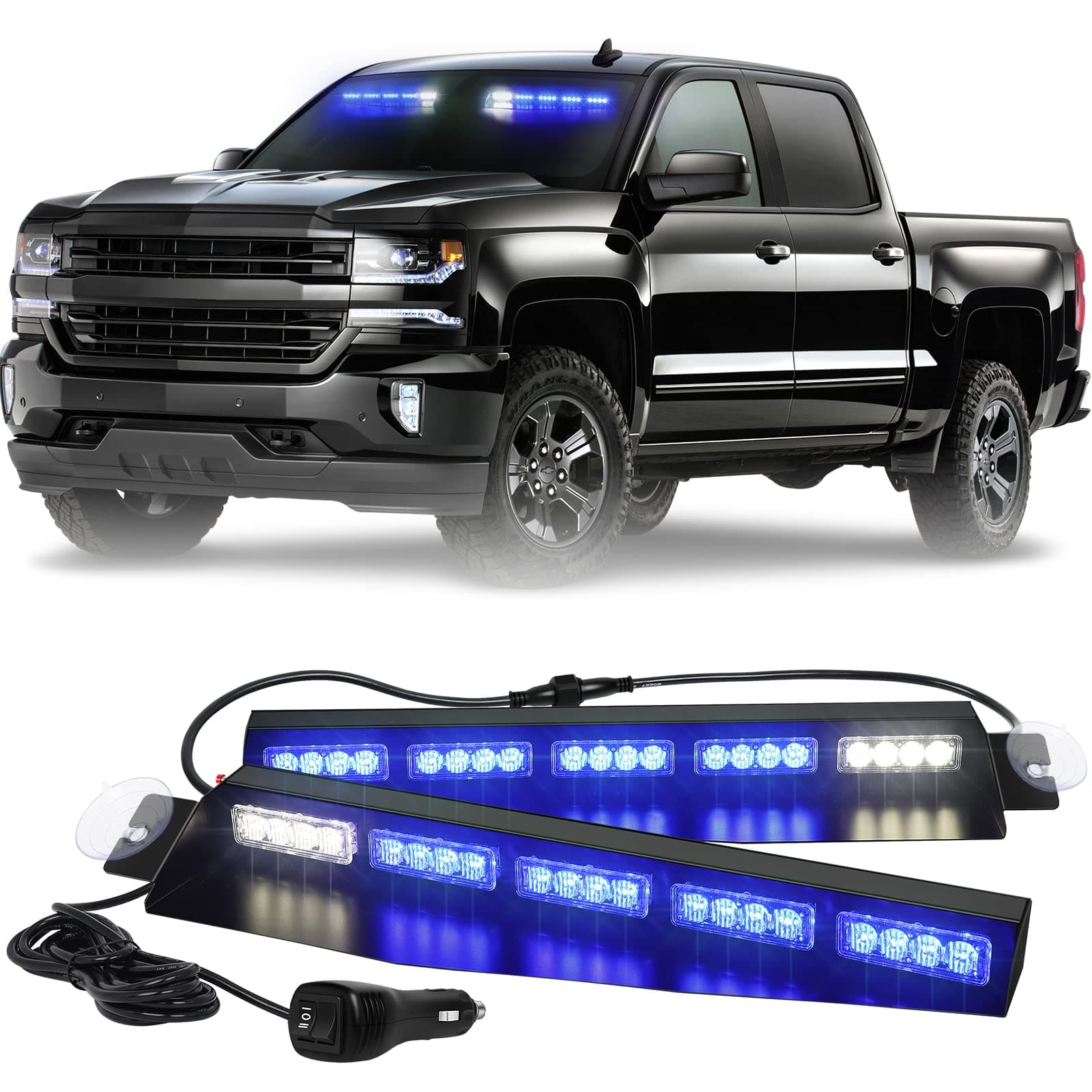 XRIDONSEN 34 inch Blue Emergency Visor Lights Bar Interior Front Windshield Strobe Lights 40 LED Warning Safety Flashing Hazard Light w/White Take Down for firefighter Police Vehicles Trucks