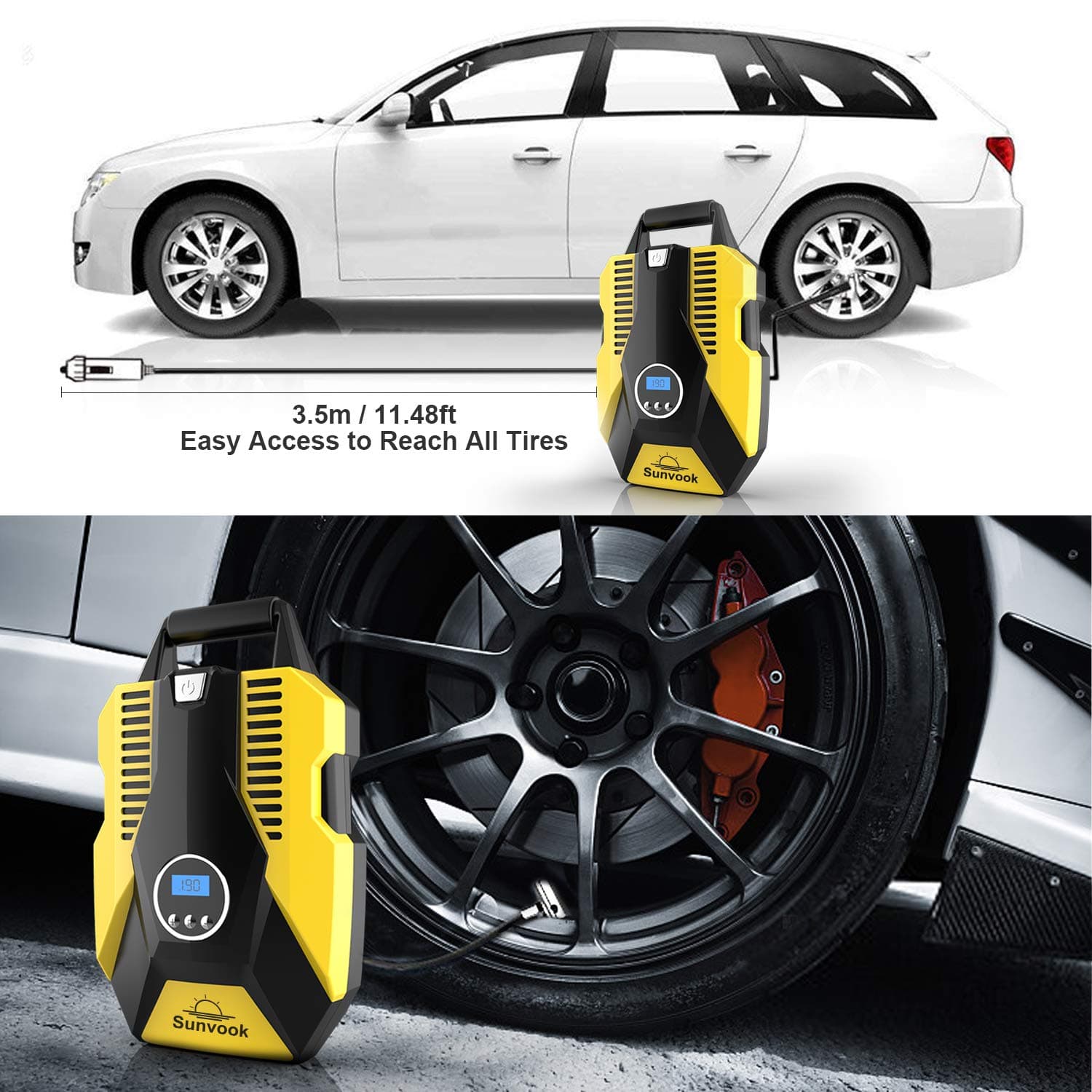 Tyre Inflator Air Compressor Digital Tyre Pump 12V 120W 150PSI Touch Screen Inflator with Larger Air Flow, 3 Nozzle Adaptors, LED Light for Car SUV Basketballs Inflatables Bicycles
