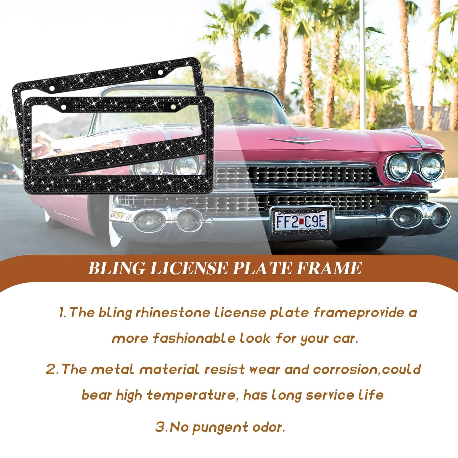 EWBN Bling License Plate Frame for Women, 2 Pack Premium Stainless Steel Diamond License Plate Holder,Sparkly Car Accessories Rhinestone License Plate Cover with Glitter Crystal Caps(Black)
