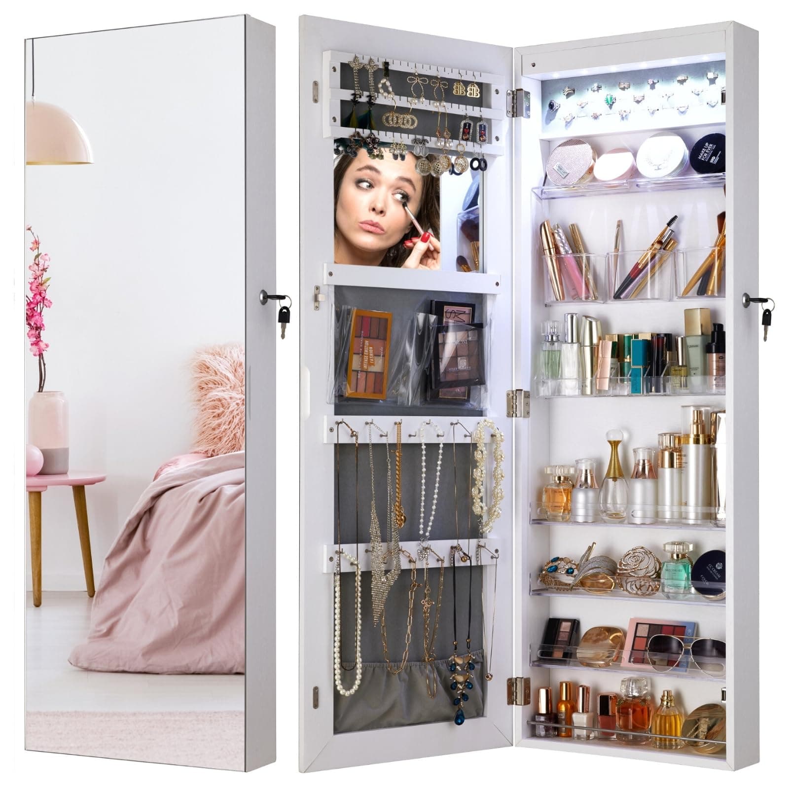 YOKUKINA LED Mirror Jewelry Armoire Wall & Door Mounted - Full Length Jewelry Cabinet With Large Lockable Organizers and Storage (White)