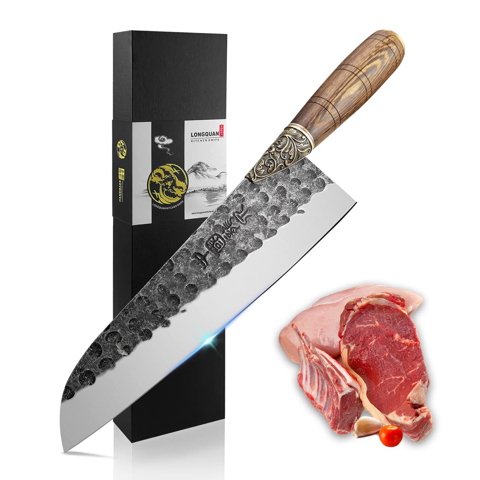 ZENG JIA DAOForged Santoku Knife - LongQuan Ultra Sharp Chef Knife Asian Knife - 8 Inch handmadeand forged in Fire Knives -Wood Handle with 9Cr18MoV Steel with Gift Box
