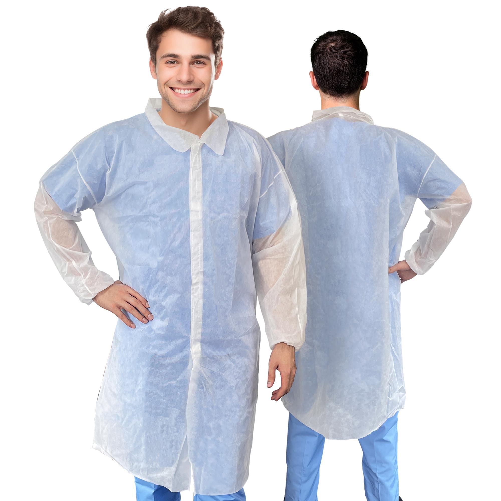 AMZ Medical Supply White Disposable Lab Coat, Large. 35 GSM Polypropylene Fabric Medical PPE Coat. Knee-Length Disposable Lab Coats with Elastic Wrists, Loop Fasteners, No Pockets