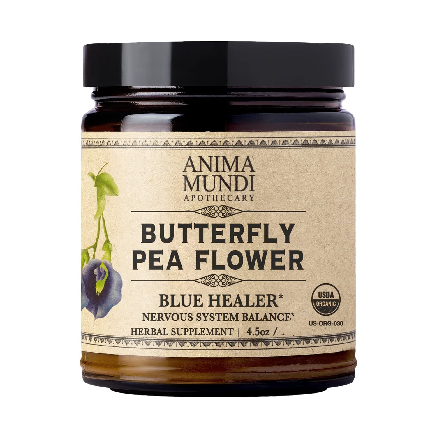 Anima Mundi Butterfly Pea Flower Powder - Organic Blue Healer Nervous System Support - Pure Butterfly Pea Flower for Tea or Combine with Epsom Salts in a Bath for Relaxing Properties (4.5 oz)