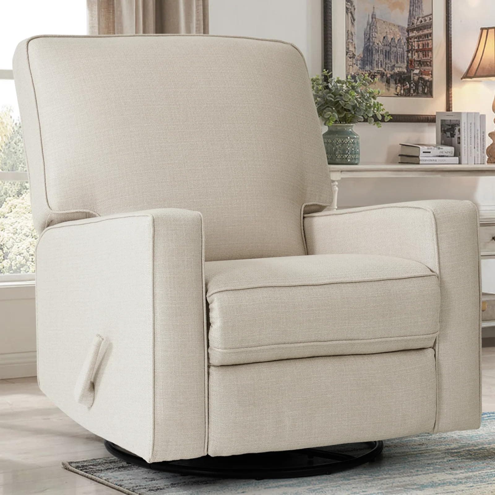 Swivel Rocker Recliner Chair, Glider Rocker Recliner, Rocking Chair Nursery, Fabric Chair with High Back, Deep Seat, for Living Room, Bedroom, Beige