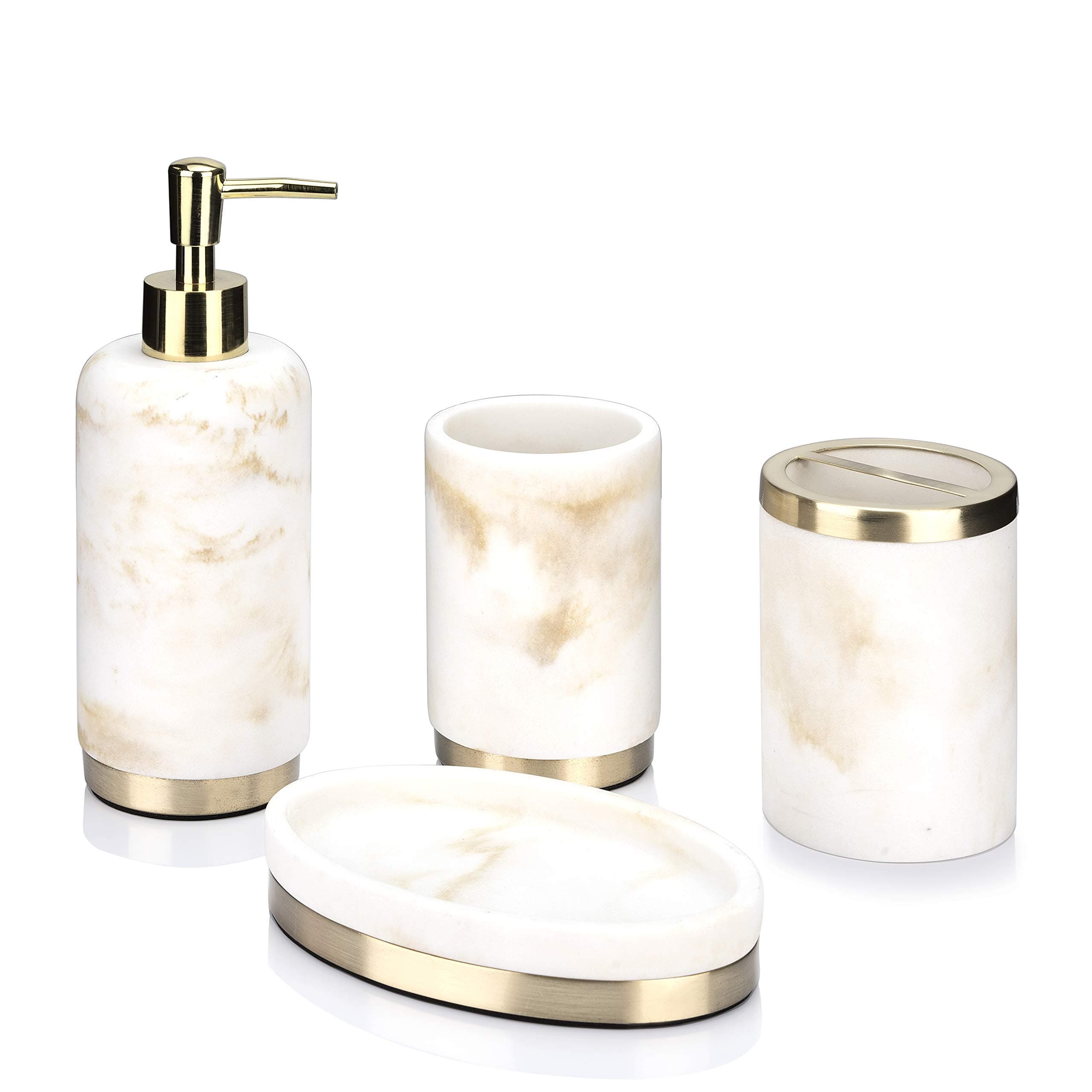 YangShiMoeed Bathpro Marble 4 Pieces Golden Metal Bathroom Accessories Sets Complete with Soap/Lotion Dispenser,Toothbursh Holder,Tumbler,Soap Dish