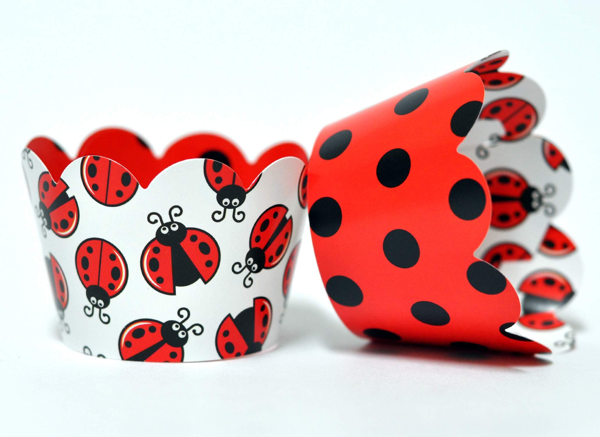 Ladybug Cupcake Wrappers for Kids Birthday Parties, Baby Showers, and School Events. Set of 24 Reversible cute Ladybug pattern Cup Cake Holder Wraps. Red, Black, White