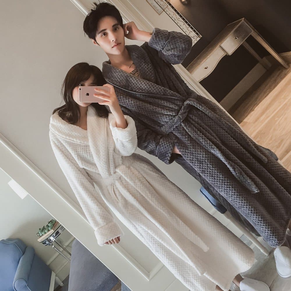 XHO Nightgown Women Winter Couple Thicker and Longer Flannel Pajamas Bathrobe Bathrobe Men Coral Cashmere Home Service,White,L