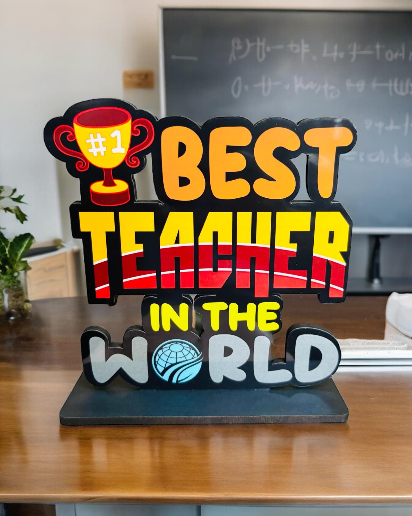 WARMINGO DE Best Teacher In The World Wooden Trophy Gift For Teacher or Guru | Teachers Day Gift | Best Gift For Teacher Special (Multicolor 6 x 5.5 Inches)
