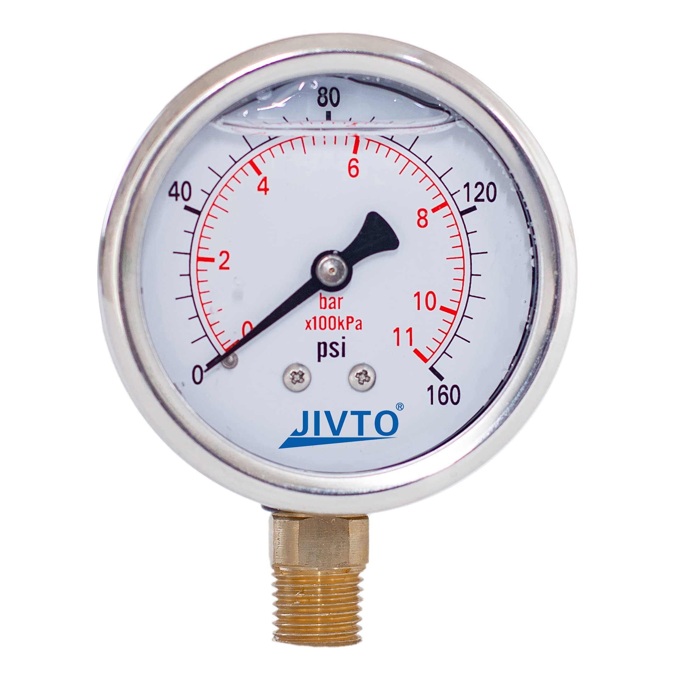 Pressure Gauge,Glycerin Liquid Filled,2" Dual Scale Dia,0-160 psi/bar/kpa,1/4" NPT Brass Connection,Lower Mount, Stainless Steel Case,for Air Compressor,Pump,Tube,Valve,Gas Air Water Oil Test