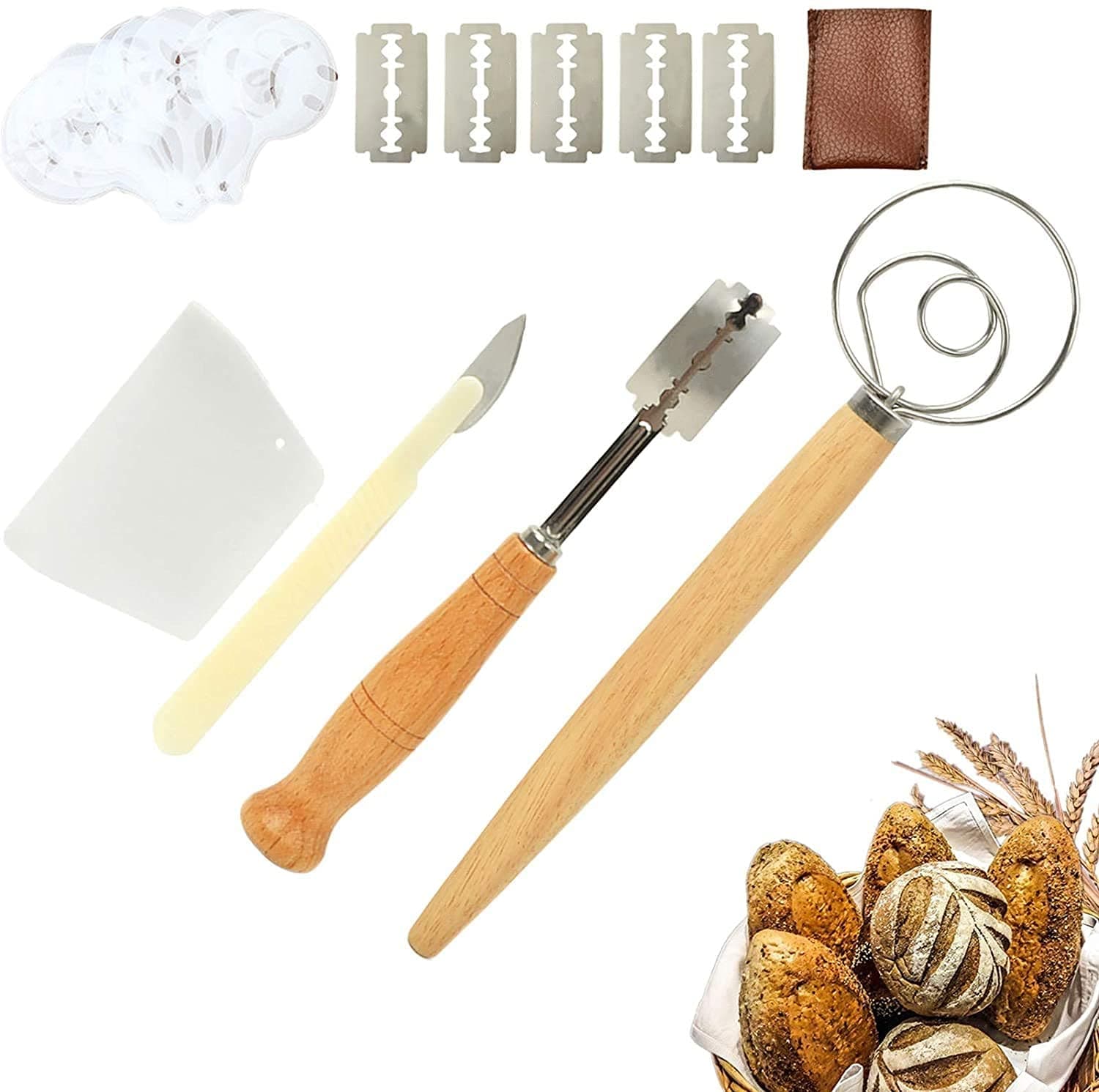 Sharp & Durable Bread Lame and Danish Whisk Set for Scoring Sourdough Bread,Include Hand Crafted Lame Bread Slashing Tool with 5 Blades and Leather Cover,Dough Scraper etc,for Home Bakers Bread Making