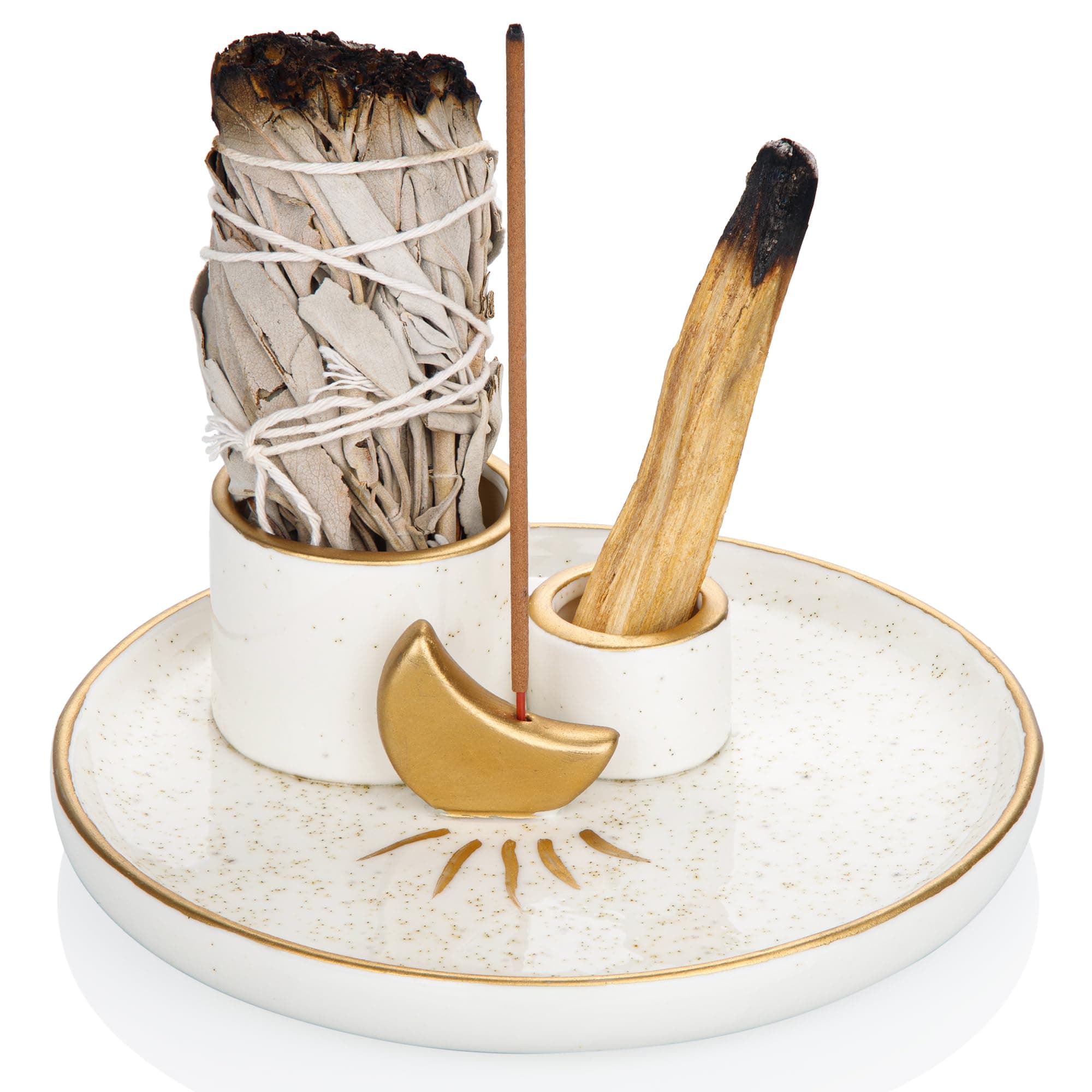 ZenBless Multifunction Incense and Candle Holder for Burning Sage, Palo Santo, Incense Sticks - 5.9" Ceramic Ash Catcher Tray for Meditation Room Home Decor Spritual Gifts (Gold)