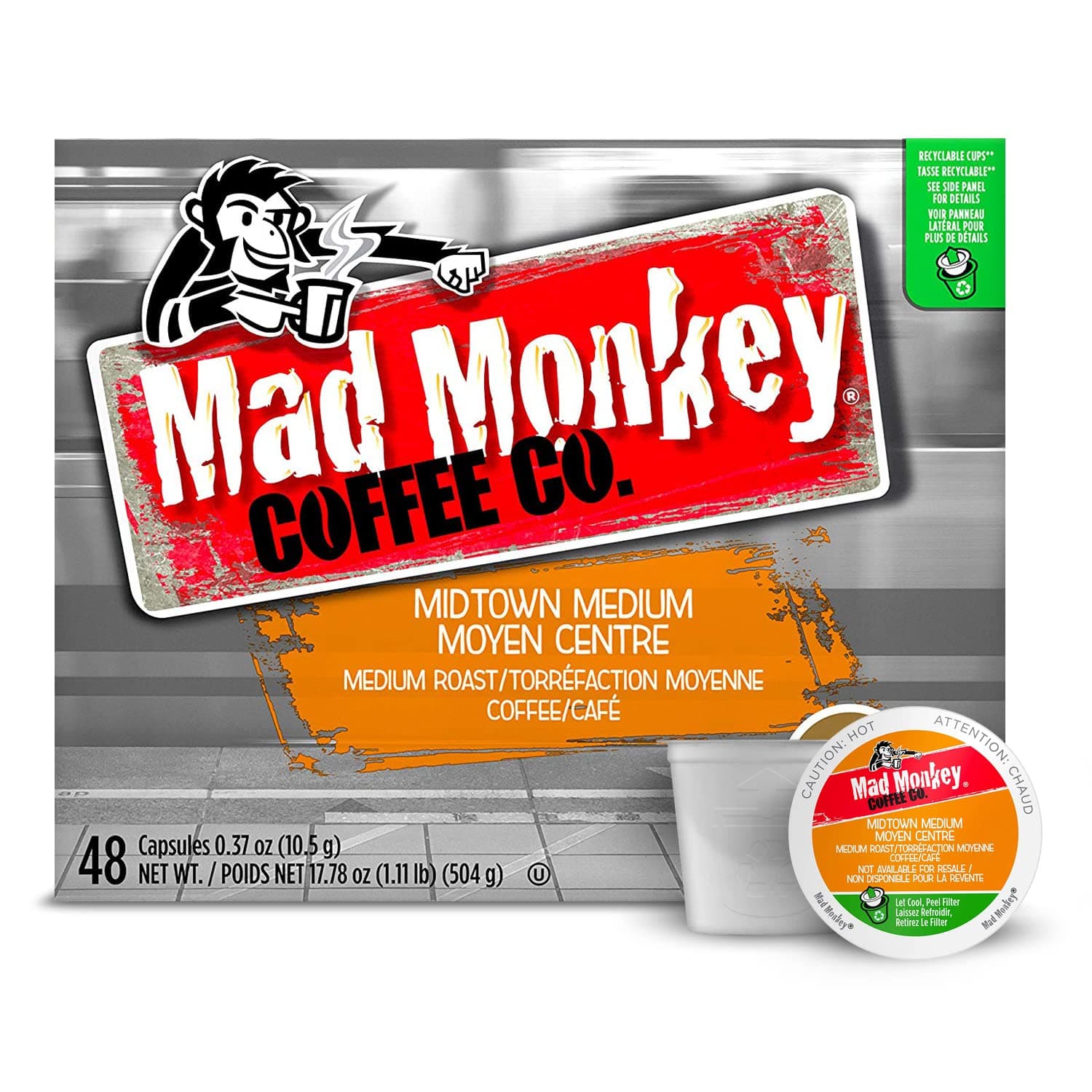 Mad Monkey Single Serve Coffee Capsules, Midtown Medium, 100% Arabica Medium Roast, Compatible with Keurig K-Cup Brewers, 48 Count