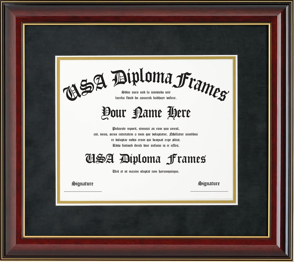 USADiplomaFrames Glossy Cherry Mahogany with Gold Trim Diploma Frame & Black Suede Matting (ONLY fits 11x14 documents or certificates)