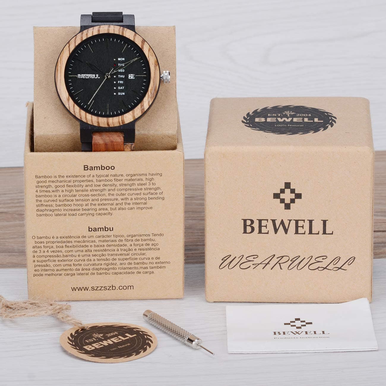 BEWELL Wood Watches for Men Week & Date Quartz Mens Wooden Watch