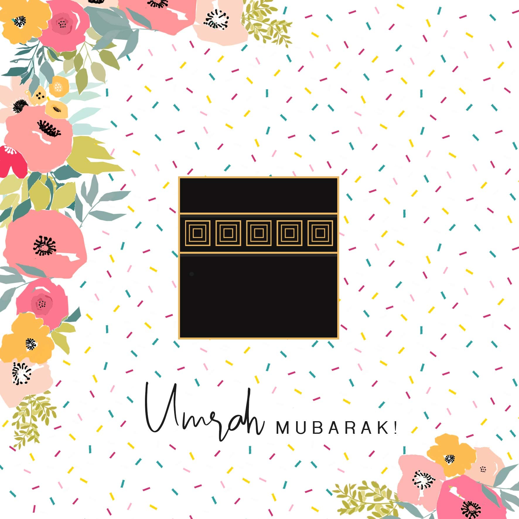 Islamic Moments Umrah Mubarak Card - Bijou Boutique Series Celebratory Confetti Design with Kaaba Illustration - Square 150mm
