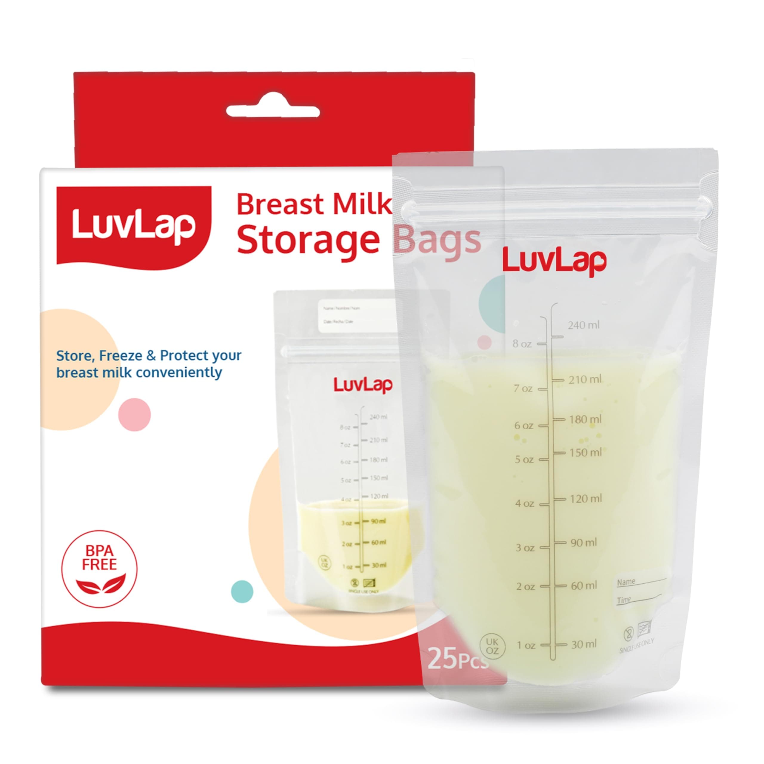 LuvLap Baby Breast Milk Storage Bags 240 ml (Pack of 25), BPA Free BPA Free Leak Proof Zip Lock Disposable Milk Freezer Bags for Breast Feeding