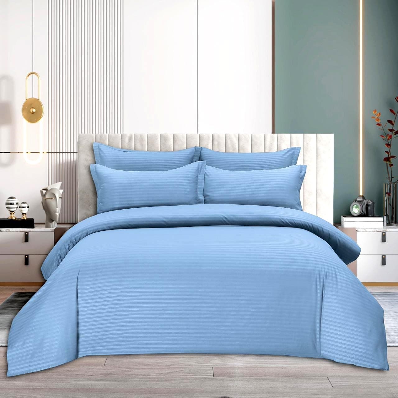 Sleeping Bear 6-Piece Luxury King Size Cotton Bedsheet - Quilt Cover Set | 1 Fitted 200 * 200 Sheet + 1 Quilt Cover + 4 Pillow Cases (Blue)