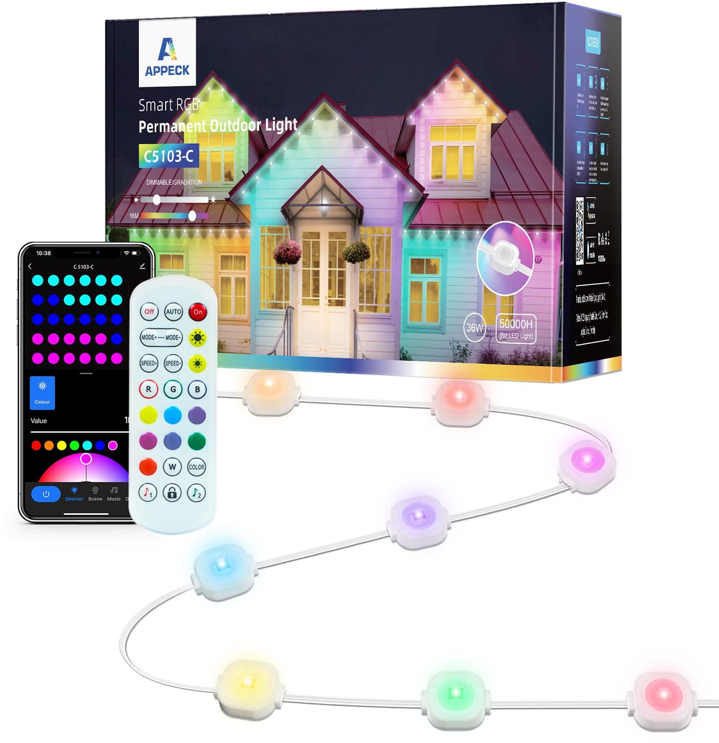 APPECK Permanent Outdoor Lights 50ft, Smart RGB Outdoor Light with 36 LEDs, IP65 Waterproof LED Eaves Lights, 54 Scene Modes Lighting for Party, Daily, Halloween, Christmas, Roof, Garden, Patios